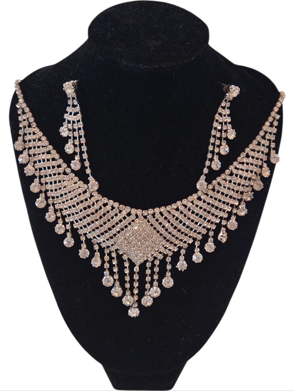 Vintage Glam Rhinestone Statement Collar Necklace & Dangle Earrings Set